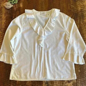 Liz Claiborne | 90’s White Linen/Cotton Blend Ruffle V-Neck Blouse, Bell Sleeve
